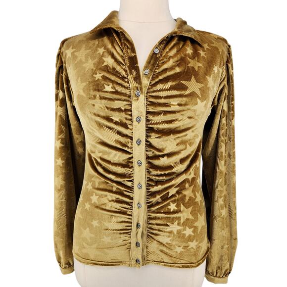 POL Crushed Velvet Gold Star Button Front Puff Long Sleeves Ruched Front Large - Picture 1 of 9